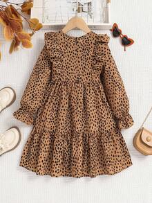 SHEIN Serisse Kids Tween Girl 夏季/秋季满身印花荷叶边饰荷叶边袖连衣裙，非常适合夏季和秋季休闲和日常穿着以及学校日常穿着，妈妈和女儿和姐妹搭配 - 卡其色 - 查看 4