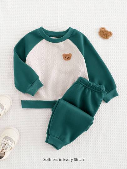 Cozy Pixies 2 Stück Baby Jungen Gestrickter, verdickter Kontrast-Farbiger Raglan-Ärmel Pullover mit Rundhalsausschnitt und Bündchen-Hose Set