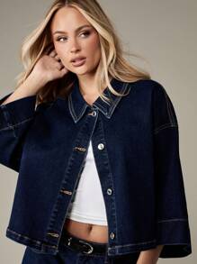 MISSGUIDED 女式短款牛仔夹克七分袖超大纽扣式卡车司机服秋春时尚休闲街头风格日常穿着