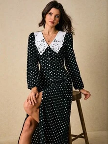 Poéselle 波点纽扣前开襟中长连衣裙，蕾丝彼得潘领 – 长袖复古茶歇裙，波点连衣裙，蕾丝领连衣裙，纽扣前开襟中长连衣裙，复古茶歇裙，彼得潘领套装，田园风时尚，秋季婚礼宾客礼服，女士优雅通勤撞色领波点印花纽扣前开襟长连衣裙，女士秋季服装 - 黑與白 - 查看 2