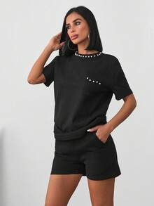 ZIRRA 2pcs/Set Women Summer Casual Beaded Decor T-Shirt And Shorts - Black - View 6