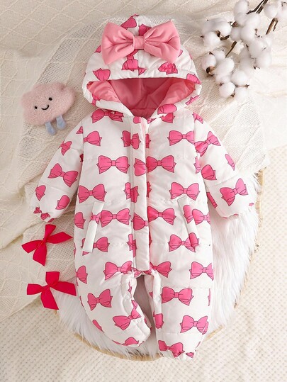 SHEIN 1pc Baby Girls' Cotton Hooded Jumpsuit, Korean Style Bow Print Cute & Sweet Fashion Versatile Casual Thick Warm Winter Outfit Baby Girl Winter Jumpsuit Baby Girl Snowsuit Bow Baby Clothes Baby Girl Bow Jumpsuit Fall