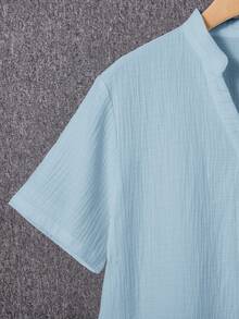 SHEIN Boys Blue Regular Sleeve Plain Polyester Shirt Button Front Stand Collar Regular Length Casual Top, Teen Boy - Blue - View 5