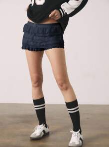 Athîral 夏季女式芭蕾甜美蝴蝶结可爱网眼撞色蕾丝荷叶边低腰超短短裤夏季短裤沙滩度假 - 寶藍色 - 查看 5