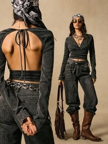 Easelle Top à manches longues avec décolleté plongeant, style sexy . Catégorie polyvalente de t-shirt/sous-vêtement, convient à ceux qui recherchent le style personnalisé, la sensualité et la mode. Peut être porté au quotidien ou pour créer un look sexy. - Gris foncé - Voir 1