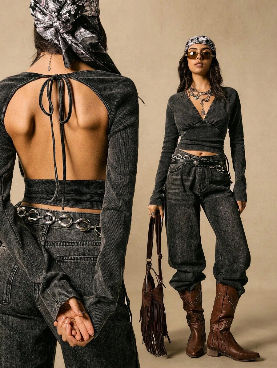 Easelle Top à manches longues avec décolleté plongeant, style sexy . Catégorie polyvalente de t-shirt/sous-vêtement, convient à ceux qui recherchent le style personnalisé, la sensualité et la mode. Peut être porté au quotidien ou pour créer un look sexy. - Gris foncé - Voir 1