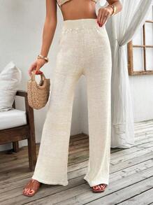 EURMUSE Quần ống rộng dệt kim trơn Lurex bóng thanh lịch - Màu be - Xem 4