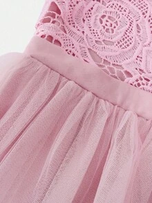 Tween Girl Woven Lace Mesh Sleeveless Snug Fit Dress - Pink - View 4