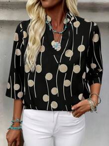 EMERY ROSE Elegant Casual Khaki Polka Dot & Wavy Print Loose V-Neck 3/4 Sleeve Blouse For Women