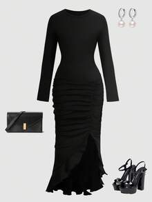 SHEIN Đầm maxi dài tay cổ tròn, vạt bất đối xứng, màu trơn, dáng ôm, chất liệu dệt kim, dành cho bé gái tuổi teen, kiểu dáng thanh lịch, phù hợp cho tiệc Halloween, ở nhà, ngoài trời, đi học, các buổi tụ họp mùa thu đông. - màu đen - Xem 3