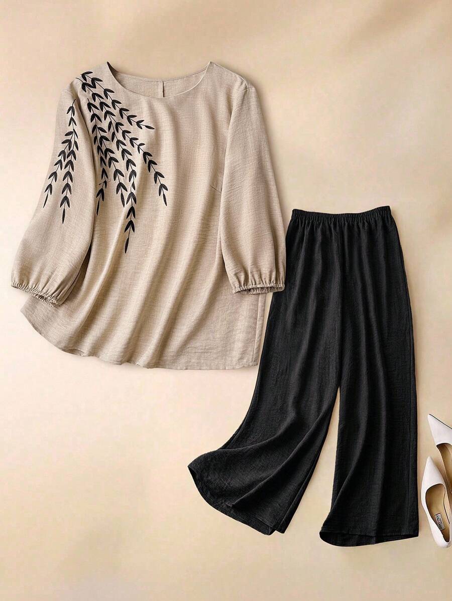 Linhara Ensemble 2 pièces chemise et pantalon grande taille avec broderie de plantes, décontracté pour le printemps et l'automne - Kaki - Voir 1