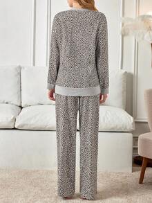 EURMUSE PLUS Women Cotton Leopard Print Round Neck Long Sleeve Top & Fake Drawstring Pants Ladies Pajama Set - Multicolor - View 2