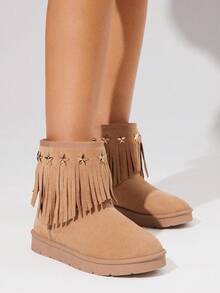 Solezae 迷人女士灰褐色绒面星星装饰流苏平底踝靴，舒适初秋冬季雪地保暖鞋 - 米色 - 查看 2