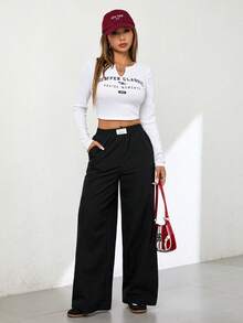 SHEIN PETITE 秋冬宽松休闲度假长袖黑色直筒长裤 - 黑色 - 查看 5