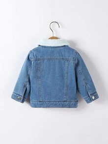 SHEIN Playful Pals 1pc Baby Boys' Casual Washed Light Blue Denim Jacket With Thermal Lined And Foldover Collar, Suitable For Baby Boys Autumn/Winter Fall - Light Wash - View 2