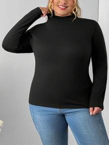 SHEIN CURVE+ 大码女款两件套高领紧身长袖打底T恤套装适合秋冬季节。黑白T恤两件套 - 黑與白 - 查看 7