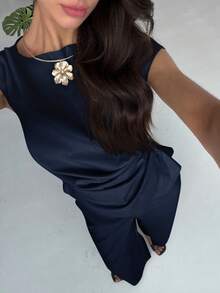 Aloruh 简约通勤办公套装，新款春夏船领短袖收腰女式衬衫+高腰超长阔腿女式长裤，两件套 - 藏蓝色 - 查看 8