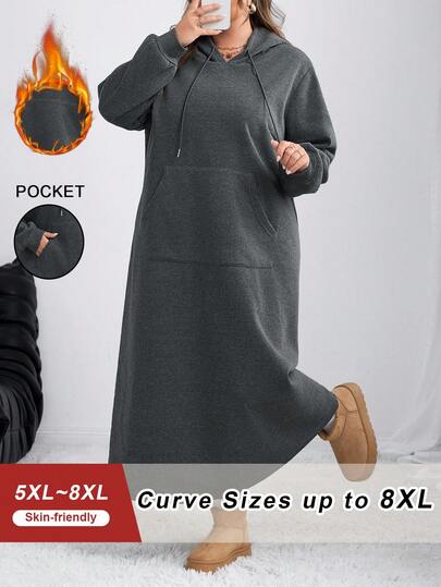 SHEIN CURVE+ فستان بلوفر سميك ذو غطاء رأس للنساء ذوات الحجم الكبير بلون واحد