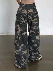 FRIFUL 女式宽松休闲迷彩工装牛仔裤 - 灰色 - 查看 3