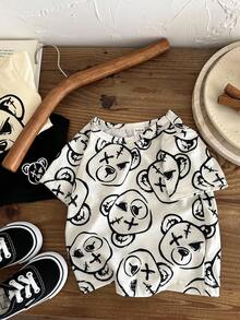 SHEIN 男嬰女嬰韓風小熊印花寬鬆短袖針織T恤套裝，三件套三種顏色，圓領設計