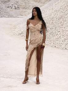 MUSERA 不对称肩部荷叶边不对称侧开衩中长连衣裙，适合夜晚外出、生日等场合，优雅迷人，适合秋季、春夏度假等各种场合。 - 彩色 - 查看 1