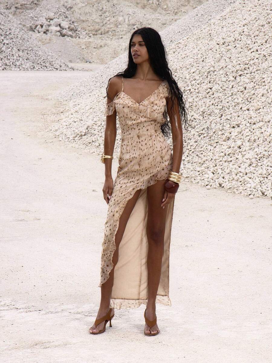 MUSERA 不对称肩部荷叶边不对称侧开衩中长连衣裙，适合夜晚外出、生日等场合，优雅迷人，适合秋季、春夏度假等各种场合。 - 彩色 - 查看 1