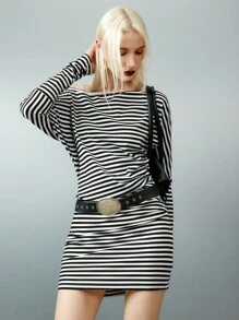 Airlisse Black Striped Off-Shoulder Long Sleeve Dress - Black and White - View 5