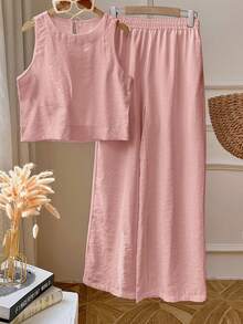 2件套女式无袖纯色背心和裤子 - 粉色 - 查看 5