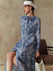 EMERY ROSE Váy Lyocell Linen Ditsy Floral cổ tròn tay dài thắt eo cho nữ - Màu xanh lam - Xem 7