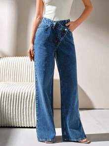 CLARA VERO 高腰开衩直筒牛仔裤 - 深色水洗藍 - 查看 5