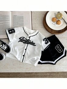 SHEIN 2pcs Baby Boys/Girls Letter Print V-Neck Short Sleeve Top And Elastic Waist Shorts Set