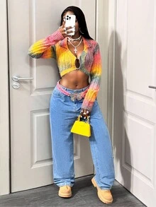 BamGleam Women's Long Sleeve Cardigan Short Shirt Collar Color Block Sexy Knit Sweater Fall Winter Cloth For Women