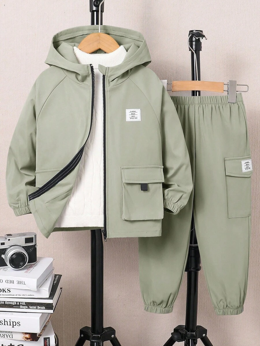 SHEIN 2 件套年轻男孩休闲舒适连帽夹克,带口袋和纯色抽绳裤套装,适合外出、上学、日常聚会、秋冬季 - 薄荷綠 - 查看 1