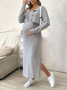 SHEIN 2 piezas Conjunto de maternidad: Vestido de tirantes acanalado de unicolor + Chaqueta corta con botones - Gris - Ver 7