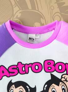 Astro Boy X SHEIN 2pcs/Set Young Girl Cartoon Figure Graphic Contrast Color Patchwork Crew Neck Long Sleeve Sweatshirt And Sweatpants Outfit - Pink - View 4