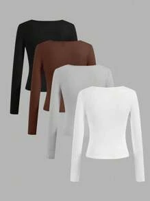 SHEIN Essnce 4pcs/Set Casual Solid Color Versatile Crew Neck Long Sleeve T-Shirts For Women, Suitable For Spring & Autumn,Fall - Multicolor - View 2
