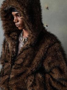 NEON BLANC Men's Long Sleeve Casual Warm Fluffy Faux Fur Coat For Winter - Coffee Brown - View 5