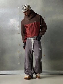 Manfinity VCAY Men's Letter Embroidery Patchwork Plaid Hoodie Sweatshirt, Fall, Winter - Red - View 7