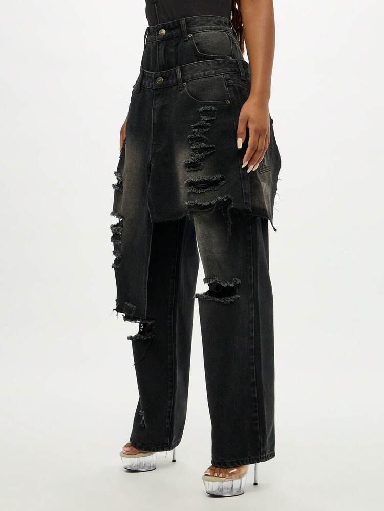 SUMWON WOMEN Double Waistband Wide Leg Distressed Denim With Rips