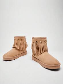 Solezae 迷人女士灰褐色绒面星星装饰流苏平底踝靴，舒适初秋冬季雪地保暖鞋 - 米色 - 查看 6