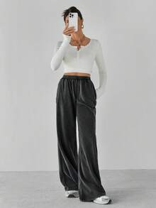 SHEIN Tall Quần thể thao rộng rãi cạp chun màu trơn cho nữ - màu đen - Xem 4