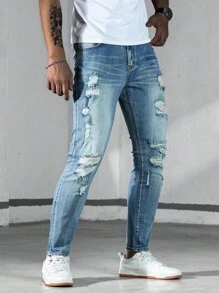 Manfinity LEGND Quần Jeans Skinny Rách Denim Xanh Thời Trang Cho Nam - Rửa nhẹ - Xem 5