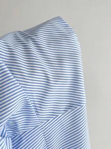 Elamini 女士时尚条纹围裹式系带领修身长袖衬衫 - 藍色 - 查看 4