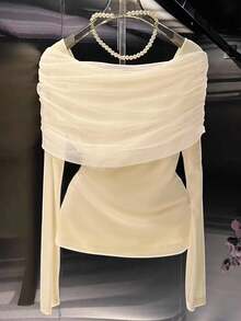 GlowEve Áo thun nữ tay dài thiết kế xoắn màu trơn, xếp ly thời trang thanh lịch - Màu be - Xem 2