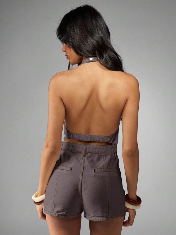 MISSGUIDED Vintage Inspired Halter Neck Button Through Playsuit Denim Style Romper Festival Summer Jumpsuit Casual Shorts Dungaree