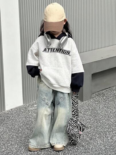 DAZY Young Girl Hooded Artistic English Print Contrast Color Long Sleeve Sweatshirt Fall/Winter