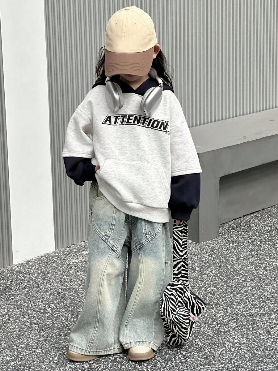 DAZY Young Girl Hooded Artistic English Print Contrast Color Long Sleeve Sweatshirt Fall/Winter - Grey - View 1