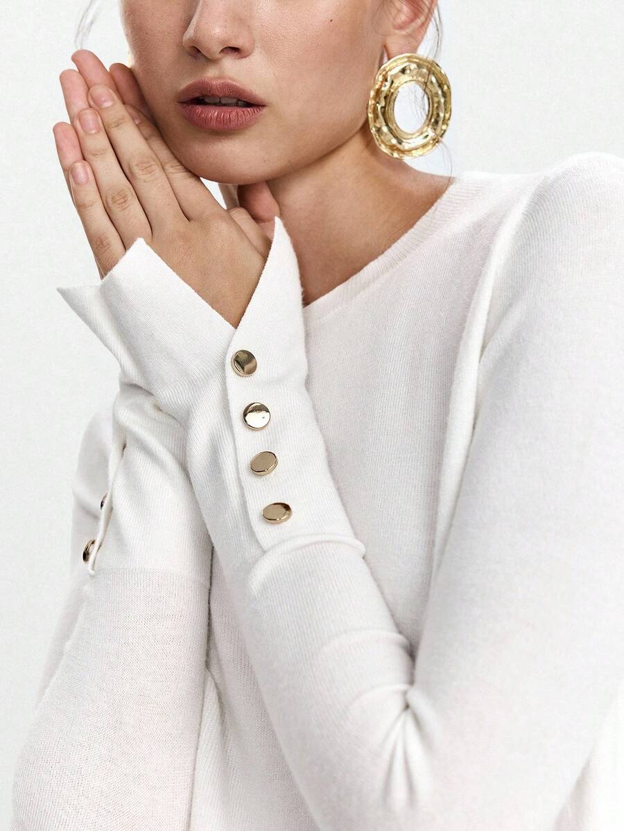 Lumivelle Old Money Fall Clothes Prefall Sweater All-Match Round Neck Casual Versatile Long Sleeve Knit Undershirt Women White Sweater - Beige - View 1