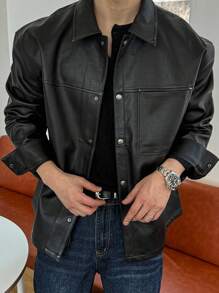 DAZY Giacca in pelle PU nera tinta unita da uomo, camicia da uomo a maniche lunghe autunnale