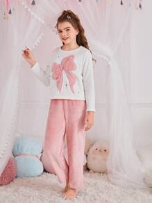 SHEIN 青少年女孩秋冬甜美简约蝴蝶结刺绣圆领套头长袖上衣和柔软法兰绒睡裤 2 件套家居服套装，兄弟姐妹装（2 件单独出售） - 淺粉色 - 查看 4